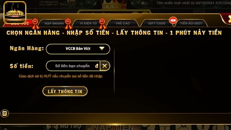 Hướng dẫn nạp tiền Xocdia88 siêu chi tiết, ai cũng có thể thực hiện thành công